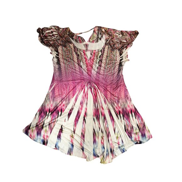 One World Womens Micro Jersey Printed Flutter Sleeve Embellished Keyhole Top - Picture 8 of 12